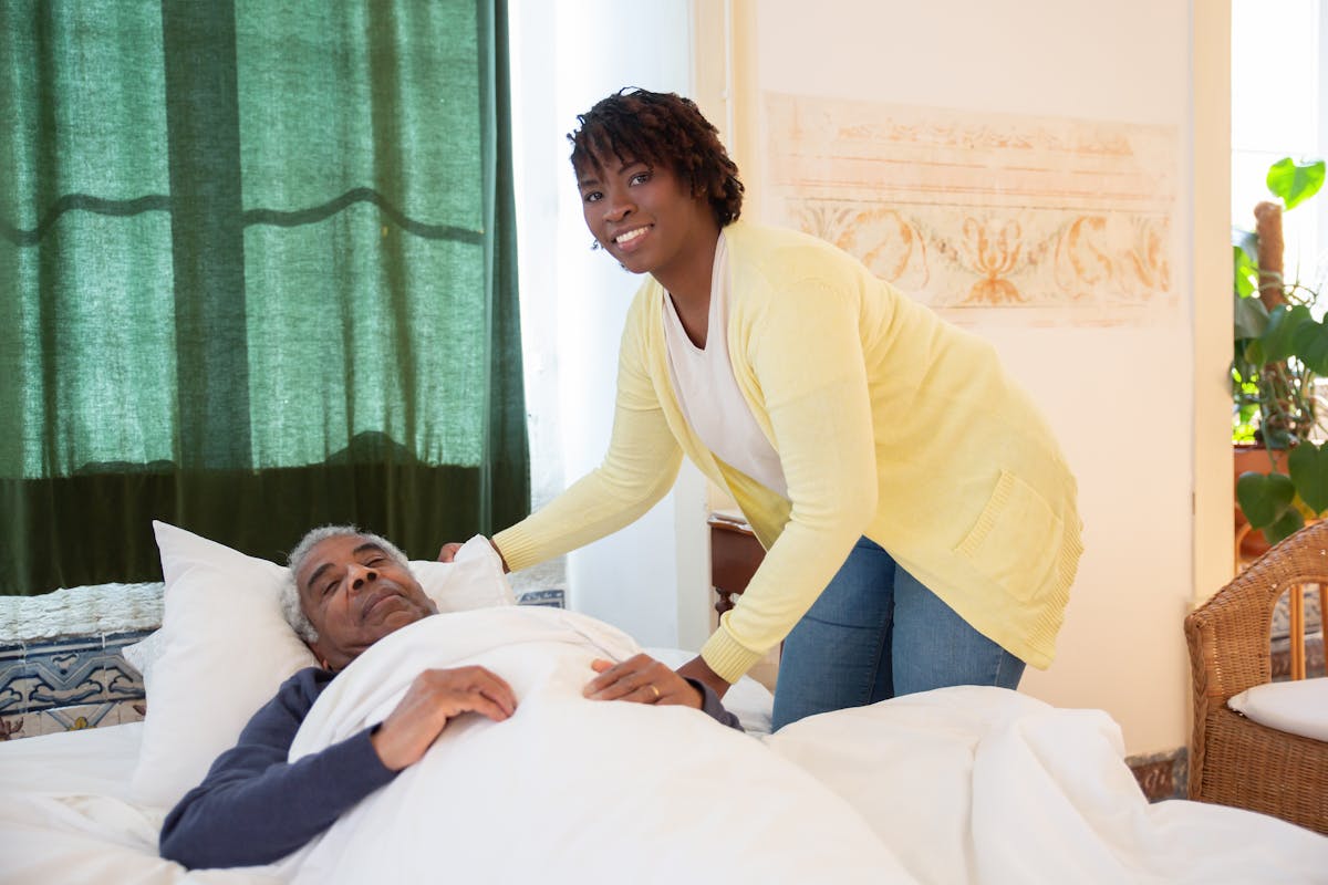 Adult daughter caring for elderly father in his Orange County home — non-medical home care fills the gap Medicare home health does not cover