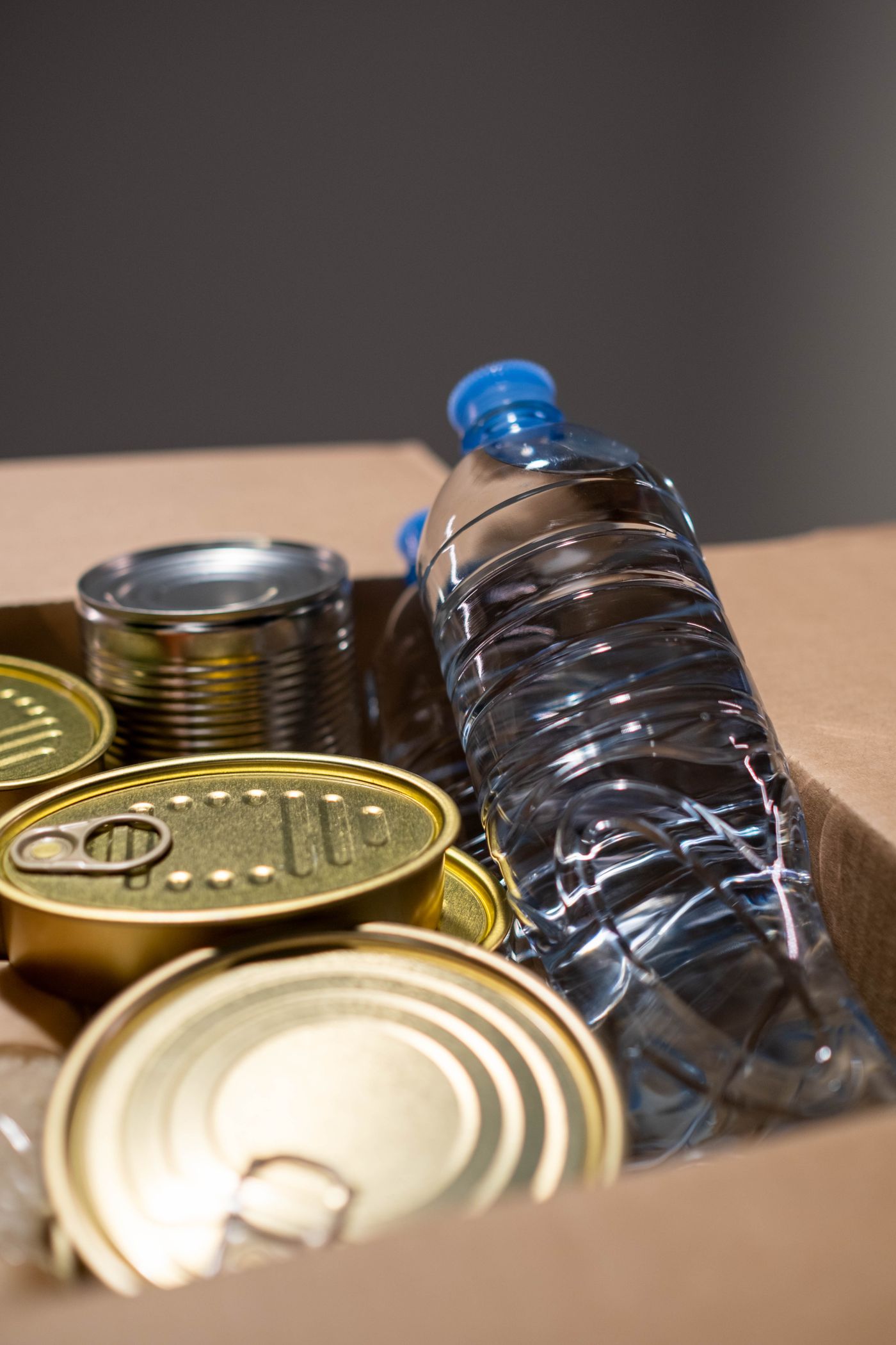Cardboard box holding canned food and a bottle of drinking water
